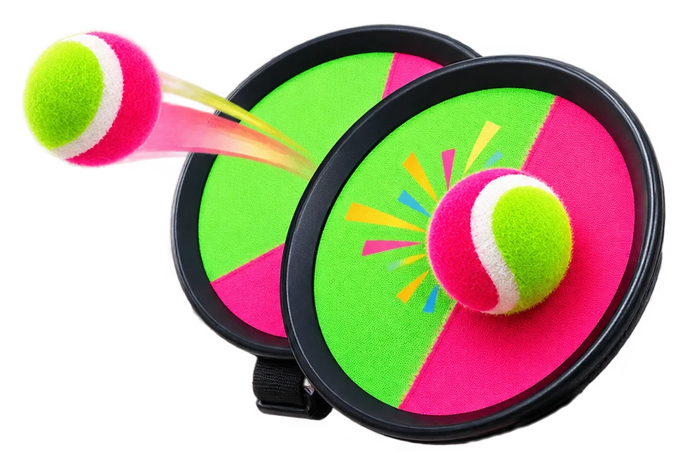 Kit ZUP! com duas raquetes de superfície verde e rosa e bolinha aderente